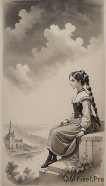 1girl,solo,long hair,black hair,long sleeves,dress,jewelry,sitting,monochrome,full body,braid,flower,outdoors,sky,shoes,choker,cloud,water,necklace,black footwear,from side,single braid,ocean,cloudy sky,corset,puffy long sleeves,braided ponytail,sepia,castle,grey theme,very long hair,boots,black eyes,profile,building,scenery,brown theme