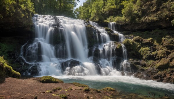 outdoors,sky,day,water,tree,no humans,sunlight,nature,scenery,forest,rock,river,waterfall,landscape,stream