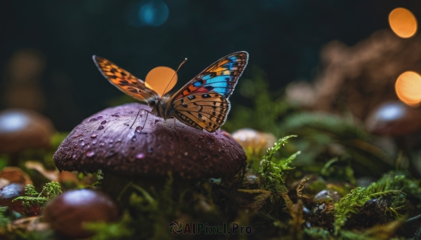 outdoors,wings,signature,blurry,tree,no humans,depth of field,blurry background,grass,bug,plant,butterfly,nature,scenery,realistic,antennae,mushroom,solo,sky,pokemon (creature),glowing,animal,flying,rock,moss,dragonfly