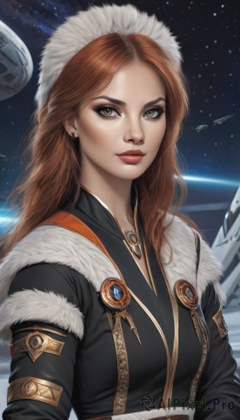 1girl,solo,long hair,breasts,looking at viewer,brown hair,hat,brown eyes,jewelry,upper body,earrings,sky,lips,coat,fur trim,makeup,white headwear,star (sky),starry sky,freckles,realistic,nose,winter clothes,red lips,space,planet,fur hat,earth (planet),spacecraft,ushanka,closed mouth,jacket,belt,necklace,eyelashes,lipstick,science fiction