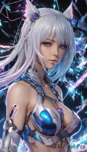 1girl,solo,long hair,breasts,looking at viewer,bangs,blue eyes,hair ornament,animal ears,cleavage,bare shoulders,medium breasts,closed mouth,collarbone,upper body,white hair,parted lips,detached sleeves,midriff,cat ears,lips,eyelashes,gem,revealing clothes,crystal,realistic,nose,swimsuit,bikini,armor,bikini armor