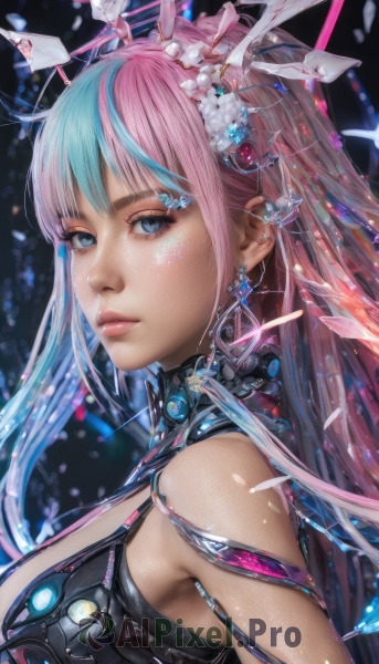 1girl,solo,long hair,breasts,looking at viewer,bangs,blue eyes,large breasts,hair ornament,cleavage,bare shoulders,jewelry,medium breasts,closed mouth,blue hair,upper body,pink hair,multicolored hair,earrings,from side,two-tone hair,lips,eyelashes,makeup,halo,piercing,ear piercing,science fiction,realistic,nose,mascara,expressionless