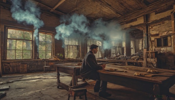 solo,short hair,shirt,black hair,long sleeves,1boy,holding,sitting,jacket,white shirt,male focus,shoes,pants,indoors,black footwear,from side,cup,black jacket,book,window,chair,black pants,formal,table,bottle,suit,plant,steam,scenery,plate,drinking glass,smoke,cigarette,paper,smoking,tiles,glass,potted plant,tile floor,wide shot,stool,newspaper,hat,profile,desk