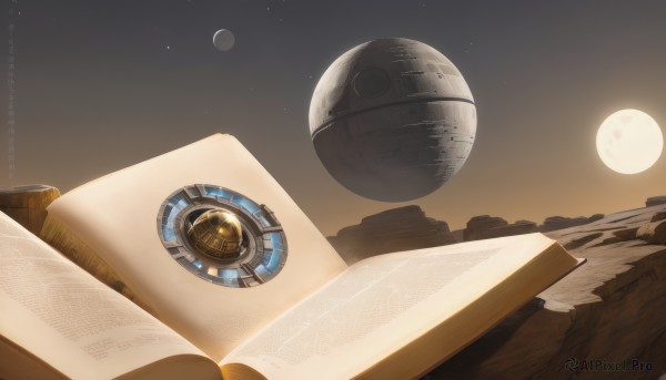 outdoors,sky,book,no humans,night,moon,star (sky),night sky,scenery,full moon,floating,starry sky,open book,planet,orb,floating object,still life,science fiction,watch,rock,sand,space,spacecraft,desert