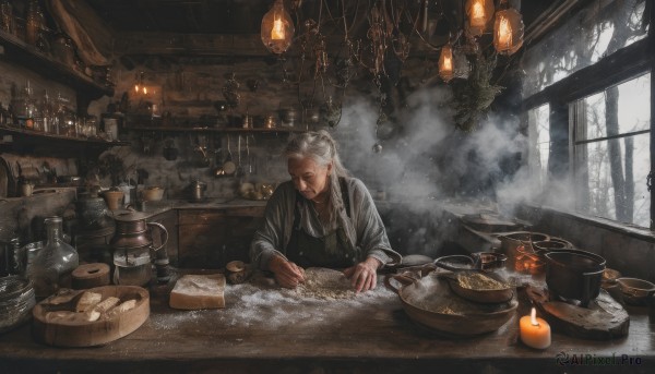 solo,long hair,long sleeves,1boy,holding,closed mouth,closed eyes,white hair,grey hair,male focus,food,indoors,apron,tree,cup,window,facial hair,looking down,table,bottle,fire,steam,scenery,snow,plate,smoke,bowl,lantern,spoon,basket,candle,old,old man,cooking,shelf,kitchen,jar,counter,stove,soup,braid,beard,bread,chandelier,wrinkled skin