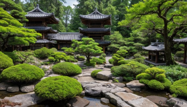 outdoors,sky,day,tree,no humans,grass,building,nature,scenery,forest,rock,bush,architecture,east asian architecture,shrine,path,stone,stone lantern,cloud,water,traditional media,plant,river,pond