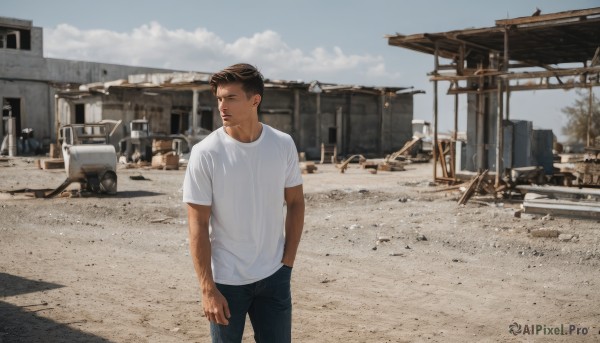 solo,short hair,brown hair,shirt,black hair,1boy,standing,white shirt,short sleeves,male focus,outdoors,sky,day,pants,cloud,looking to the side,shadow,black pants,denim,ground vehicle,t-shirt,building,motor vehicle,hand in pocket,jeans,realistic,car,photo background,truck,closed mouth,tree,blue sky,facial hair