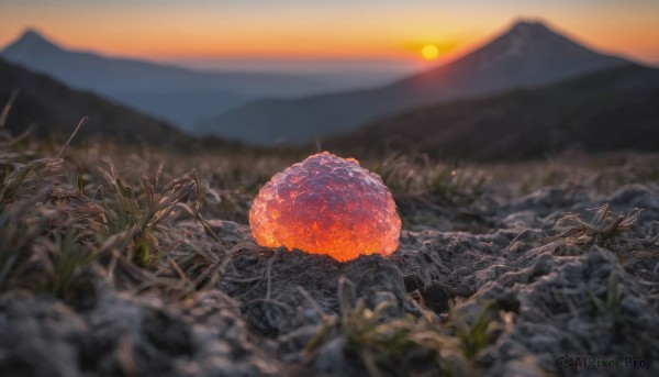 outdoors, sky, cloud, blurry, no humans, depth of field, scenery, sunset, mountain, sun