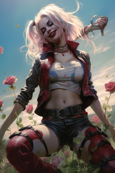 1girl,solo,long hair,breasts,looking at viewer,smile,open mouth,blue eyes,blonde hair,shirt,thighhighs,navel,twintails,jewelry,medium breasts,sitting,jacket,closed eyes,weapon,pink hair,flower,multicolored hair,earrings,boots,outdoors,open clothes,sky,shorts,choker,day,tongue,midriff,belt,cloud,necklace,nail polish,side ponytail,collar,bracelet,open jacket,blue sky,lips,crop top,torn clothes,petals,short shorts,makeup,thigh strap,rose,thigh boots,black shorts,piercing,lipstick,red footwear,multicolored clothes,spikes,eyeshadow,cropped jacket,cuffs,red lips,red thighhighs,spiked bracelet,handcuffs,pink rose,baseball bat,multicolored jacket,mascara,studded belt,signature,grin,buckle,pink flower,asymmetrical legwear,realistic