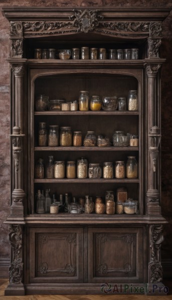 indoors,cup,no humans,bottle,scenery,alcohol,wooden floor,shelf,jar,bar (place),still life,door,cabinet