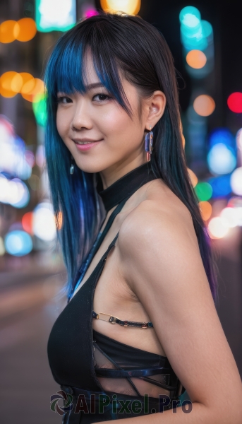 1girl,solo,long hair,breasts,looking at viewer,smile,bangs,black hair,dress,bare shoulders,brown eyes,jewelry,medium breasts,underwear,blue hair,upper body,multicolored hair,earrings,parted lips,teeth,sleeveless,bra,blurry,black eyes,black dress,from side,two-tone hair,lips,depth of field,blurry background,realistic,nose,bokeh,small breasts,black bra