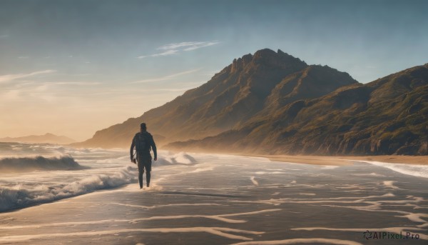 solo,short hair,black hair,1boy,holding,standing,male focus,outdoors,sky,cloud,water,from behind,beach,scenery,walking,sunset,mountain,sand,horizon,wide shot,mountainous horizon,shore,footprints,day,snow,1other,landscape,ambiguous gender,spacesuit,desert