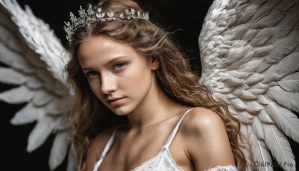 1girl,solo,long hair,looking at viewer,blue eyes,blonde hair,simple background,brown hair,dress,bare shoulders,collarbone,upper body,wings,white dress,lips,tiara,feathers,crown,black background,feathered wings,freckles,angel wings,realistic,white wings,angel