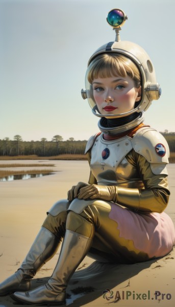 1girl,solo,looking at viewer,short hair,bangs,blue eyes,skirt,blonde hair,brown hair,gloves,sitting,closed mouth,full body,boots,outdoors,sky,day,armor,tree,lips,bodysuit,makeup,helmet,lipstick,shoulder armor,pink skirt,reflection,science fiction,pauldrons,breastplate,realistic,red lips,hands on own knees,spacesuit,desert,space helmet,astronaut,blush,brown gloves,nose,dirty