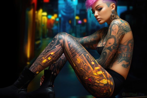 1girl,solo,breasts,looking at viewer,short hair,jewelry,medium breasts,sitting,pink hair,earrings,boots,midriff,pants,black footwear,blurry,from side,lips,tattoo,makeup,blurry background,lipstick,eyeshadow,realistic,nose,ankle boots,eyeliner,arm tattoo,very short hair,undercut,mascara,mohawk,neck tattoo,gloves,underwear,full body,purple hair,pantyhose,fingerless gloves,nail polish,bra,cyberpunk,neon lights,full-body tattoo,eyebrow cut