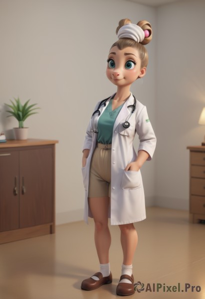 1girl,solo,breasts,smile,short hair,blue eyes,brown hair,shirt,hair ornament,long sleeves,closed mouth,green eyes,standing,collarbone,full body,shoes,shorts,socks,indoors,aqua eyes,shadow,brown footwear,plant,white socks,child,mary janes,pocket,hand in pocket,hands in pockets,green shirt,labcoat,female child,potted plant,stethoscope,drawer,cabinet,doctor,looking at viewer,blonde hair,multicolored hair,hair bun,two-tone hair,makeup,single hair bun,shirt tucked in,brown shorts