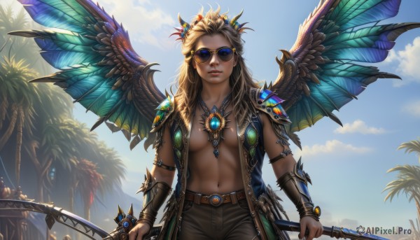 1girl,solo,long hair,breasts,looking at viewer,blonde hair,hair ornament,navel,holding,cleavage,jewelry,medium breasts,standing,weapon,cowboy shot,outdoors,parted lips,open clothes,wings,sky,day,belt,pants,artist name,cloud,dark skin,necklace,stomach,holding weapon,armor,vest,tree,blue sky,lips,coat,fingernails,muscular,watermark,abs,sunglasses,feathers,polearm,staff,shoulder armor,gem,breasts apart,feathered wings,web address,armlet,pendant,backlighting,toned,pauldrons,realistic,nose,round eyewear,palm tree,muscular female,vambraces,bracer,brown pants,tinted eyewear,shoulder pads,open vest,blue wings,mechanical wings,no shirt,spread wings,yellow wings,aviator sunglasses,blue eyes,brown hair,no bra