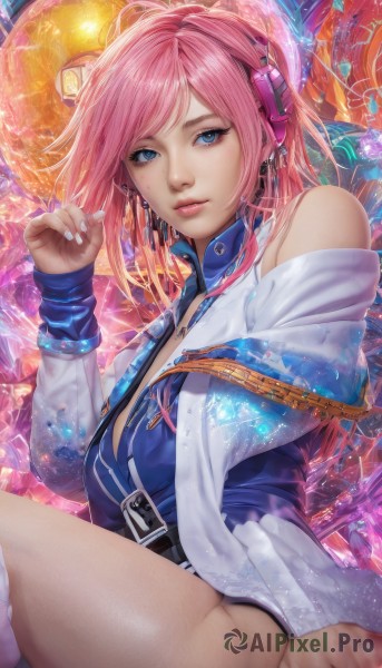 1girl,solo,long hair,breasts,looking at viewer,bangs,blue eyes,thighhighs,long sleeves,bare shoulders,jewelry,sitting,jacket,pink hair,thighs,earrings,open clothes,shiny,belt,artist name,necklace,off shoulder,nail polish,lips,makeup,swept bangs,headphones,piercing,zipper,blue nails,crystal,realistic,nose,medium breasts,parted lips,hand up,watermark,pink nails,pink lips,earphones