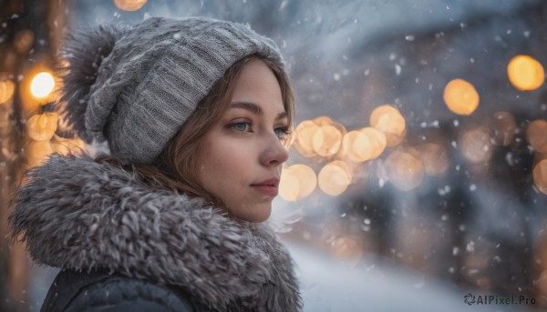 1girl, solo, blue eyes, brown hair, hat, outdoors, parted lips, blurry, from side, lips, coat, fur trim, depth of field, blurry background, snow, freckles, snowing, realistic, nose, beanie, winter clothes, winter, grey headwear, bokeh