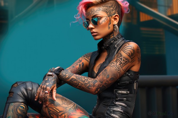 1girl,solo,breasts,short hair,gloves,cleavage,bare shoulders,jewelry,sitting,pink hair,red hair,earrings,glasses,sleeveless,pants,dark skin,fingerless gloves,blurry,vest,dark-skinned female,lips,tattoo,sunglasses,ring,watch,nose,wristwatch,arm tattoo,knee pads,leather,shoulder tattoo,tinted eyewear,thumb ring,cyberpunk,aviator sunglasses,blue eyes,medium breasts,alternate costume,torn clothes,piercing,denim,corset,zipper,jeans,realistic,undercut,facial tattoo,cyborg,torn pants,mohawk,torn jeans