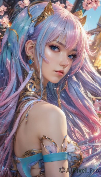 1girl,solo,long hair,breasts,looking at viewer,bangs,blue eyes,hair ornament,bare shoulders,jewelry,medium breasts,closed mouth,blue hair,upper body,pink hair,flower,multicolored hair,earrings,outdoors,sky,day,artist name,blurry,from side,two-tone hair,lips,eyelashes,gradient hair,blurry background,cherry blossoms,gem,armlet,realistic,nose,shiny,shiny hair,blue sky,looking to the side,petals,piercing,pink flower,blue nails,architecture,east asian architecture