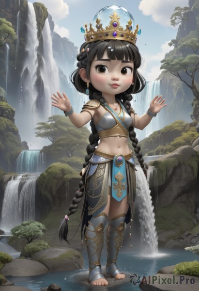 1girl,solo,long hair,breasts,looking at viewer,smile,bangs,skirt,black hair,navel,twintails,brown eyes,jewelry,medium breasts,very long hair,closed mouth,standing,full body,braid,earrings,small breasts,outdoors,sky,barefoot,day,midriff,artist name,cloud,signature,blunt bangs,water,necklace,armor,twin braids,bracelet,tree,blue sky,lips,crop top,hands up,toes,thick eyebrows,cloudy sky,crown,gem,child,nature,pelvic curtain,wading,rock,mountain,fantasy,toeless legwear,river,waterfall,blush,hair ornament,low twintails,freckles,hydrokinesis