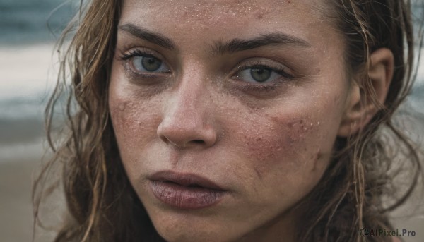 1girl,solo,long hair,looking at viewer,brown hair,brown eyes,parted lips,teeth,blurry,lips,eyelashes,blurry background,thick eyebrows,portrait,close-up,freckles,realistic,nose,dirty,depth of field,messy hair,dirty face