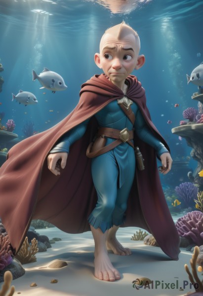 solo,1boy,closed mouth,standing,full body,weapon,male focus,barefoot,belt,water,cape,looking to the side,animal,sunlight,fish,bubble,light rays,rock,underwater,red cape,air bubble,male child,bald,sunbeam,old,old man,swimming,turtle,coral,1girl,smile,black eyes,walking,superhero,aquarium