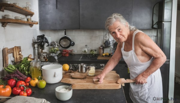 1girl,solo,long hair,looking at viewer,1boy,dress,holding,closed mouth,standing,white hair,grey hair,food,sleeveless,indoors,white dress,apron,cup,fruit,facial hair,bottle,knife,plate,bowl,realistic,basket,holding knife,carrot,old,old man,cooking,ladle,kitchen,tomato,vegetable,frying pan,sink,spatula,old woman,stove,lettuce,potato,kitchen knife,wrinkled skin,cutting board,onion,radish,smile,short hair,scar,table,tank top,apple,bread,orange (fruit),faucet,soup