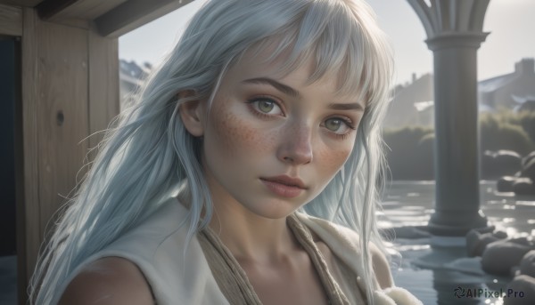 1girl,solo,long hair,looking at viewer,brown eyes,closed mouth,green eyes,collarbone,upper body,white hair,outdoors,sleeveless,water,blurry,lips,eyelashes,scar,portrait,freckles,realistic,nose,pillar,bangs,sky,day,blurry background,close-up