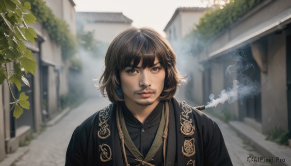 solo,looking at viewer,short hair,bangs,brown hair,shirt,black hair,hair ornament,1boy,brown eyes,closed mouth,upper body,male focus,outdoors,parted lips,day,hairclip,blurry,lips,black shirt,depth of field,blurry background,facial hair,leaf,plant,building,smoke,cigarette,realistic,nose,smoking,road,architecture,house,smoking pipe,east asian architecture,street,japanese clothes,medium hair,beard,stubble