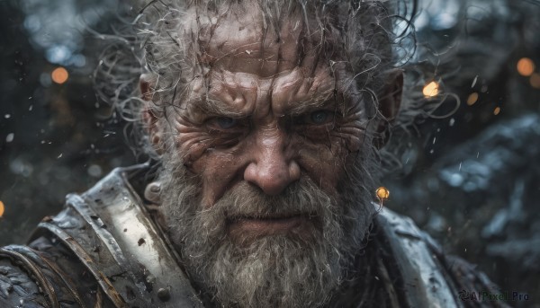 solo,looking at viewer,blue eyes,1boy,closed mouth,upper body,white hair,male focus,armor,blurry,facial hair,scar,portrait,beard,close-up,realistic,mustache,manly,old,old man,wrinkled skin,jewelry,grey hair,earrings,depth of field,blurry background,shoulder armor,scar on face,veins,scar across eye,chainmail