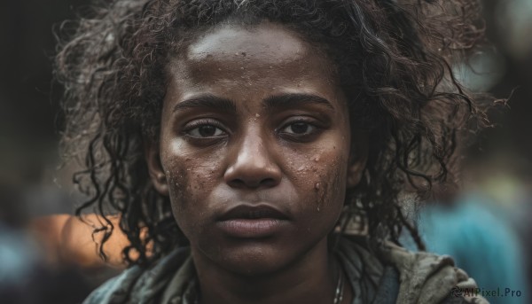 1girl,solo,looking at viewer,black hair,1boy,brown eyes,jewelry,male focus,parted lips,teeth,dark skin,mole,blurry,black eyes,dark-skinned female,lips,depth of field,blurry background,dark-skinned male,messy hair,portrait,freckles,curly hair,realistic,dirty,very dark skin,dirty face,afro,long hair,brown hair,closed mouth,scarf,wavy hair,close-up