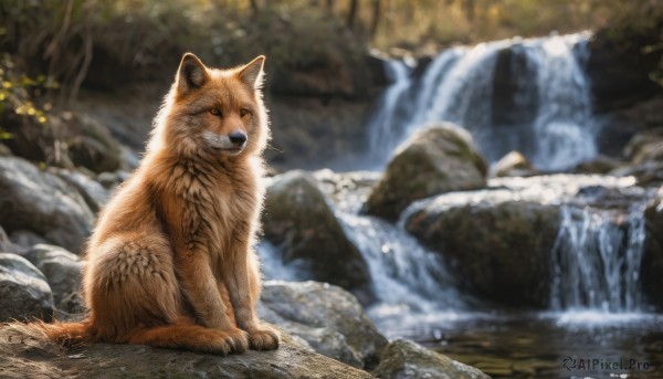 sitting, outdoors, signature, water, blurry, no humans, animal, nature, scenery, rock, realistic, animal focus, fox, waterfall