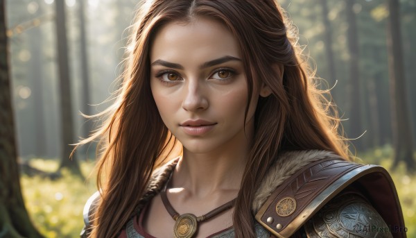 1girl,solo,long hair,looking at viewer,smile,brown hair,brown eyes,jewelry,closed mouth,collarbone,upper body,outdoors,day,necklace,armor,blurry,tree,lips,fur trim,eyelashes,depth of field,blurry background,shoulder armor,portrait,nature,close-up,forest,freckles,pauldrons,realistic,nose,artist name,scar,sunlight,scar on face,forehead,pendant,backlighting