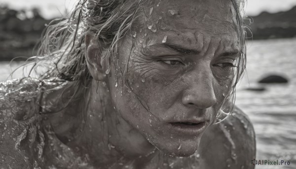 solo,long hair,1boy,closed mouth,monochrome,greyscale,male focus,outdoors,parted lips,water,blurry,lips,wet,looking to the side,depth of field,blurry background,scar,looking away,portrait,realistic,wet hair,facial hair,ocean,close-up,water drop,old,wrinkled skin