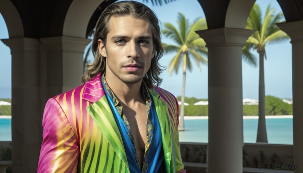 HQ,solo,long hair,looking at viewer,blue eyes,brown hair,shirt,black hair,1boy,brown eyes,closed mouth,upper body,male focus,outdoors,open clothes,sky,day,striped,water,black eyes,tree,blue sky,lips,facial hair,ocean,beard,striped shirt,realistic,palm tree,stubble,pillar,necklace,animification,rainbow