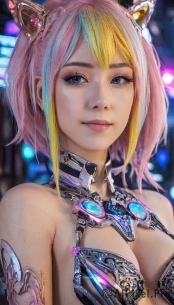 1girl,solo,breasts,looking at viewer,smile,short hair,bangs,blue eyes,blonde hair,hair ornament,animal ears,cleavage,bare shoulders,twintails,medium breasts,closed mouth,upper body,pink hair,multicolored hair,blurry,two-tone hair,lips,streaked hair,makeup,blurry background,realistic,nose,large breasts,blue hair,armor,fake animal ears