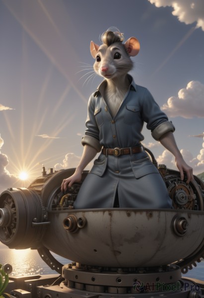 solo,animal ears,standing,tail,outdoors,sky,day,belt,cloud,signature,water,uniform,black eyes,military,no humans,military uniform,buttons,ocean,animal,sunlight,ground vehicle,motor vehicle,furry,sleeves rolled up,mouse ears,sun,military vehicle,mouse tail,tank,mouse,whiskers,sunrise,1girl,looking at viewer,pocket,realistic,furry female