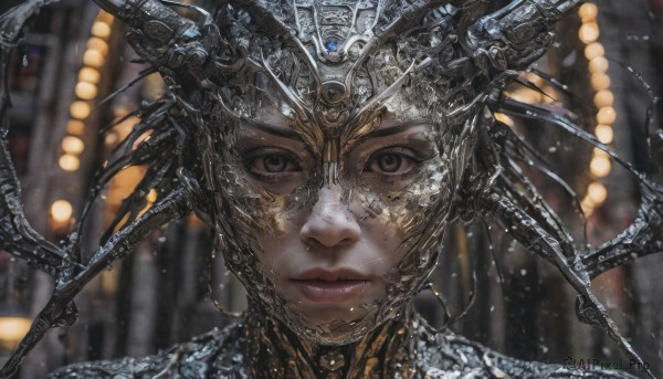 1girl,solo,looking at viewer,short hair,black hair,brown eyes,closed mouth,armor,mole,blurry,black eyes,lips,dutch angle,mole under eye,depth of field,blurry background,headgear,helmet,portrait,close-up,science fiction,realistic,straight-on,jewelry,earrings,grey eyes,headpiece,gold