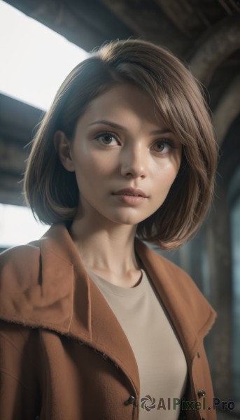 1girl,solo,looking at viewer,short hair,brown hair,shirt,brown eyes,jacket,white shirt,upper body,parted lips,open clothes,medium hair,blurry,open jacket,lips,coat,blurry background,freckles,brown jacket,realistic,nose,bangs,depth of field