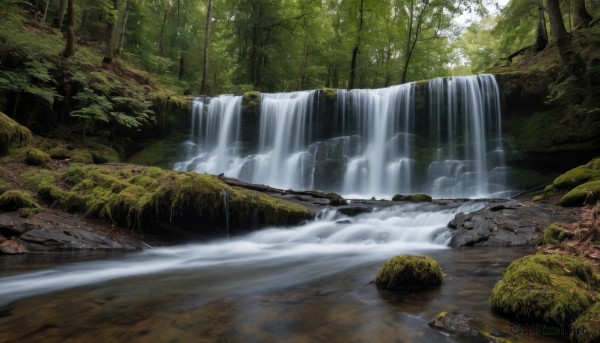 A serene day featuring a waterfall