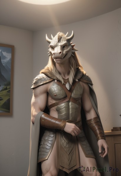 1girl,solo,long hair,looking at viewer,blue eyes,blonde hair,1boy,jewelry,standing,male focus,horns,teeth,artist name,indoors,cape,armor,mask,muscular,fangs,scar,helmet,shoulder armor,pelvic curtain,furry,muscular female,vambraces,bracer,pelt,nipples,sharp teeth,muscular male,painting (object),tusks