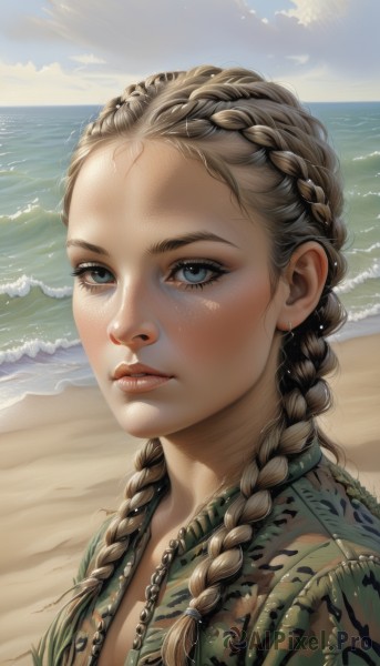 1girl,solo,long hair,breasts,looking at viewer,blue eyes,blonde hair,jewelry,upper body,braid,outdoors,parted lips,sky,day,artist name,cloud,water,twin braids,blue sky,lips,eyelashes,ocean,beach,sunlight,cloudy sky,portrait,hair over shoulder,forehead,freckles,realistic,nose,sand,horizon,camouflage,waves,shore,brown hair,earrings,necklace,bird,crown braid,multiple braids