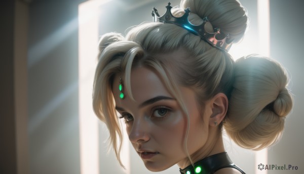 1girl,solo,looking at viewer,short hair,blue eyes,blonde hair,hair ornament,jewelry,earrings,parted lips,choker,hair bun,lips,grey eyes,eyelashes,double bun,single hair bun,tiara,crown,gem,portrait,realistic,nose,stud earrings,forehead jewel,artist name,collar,glowing,close-up,backlighting