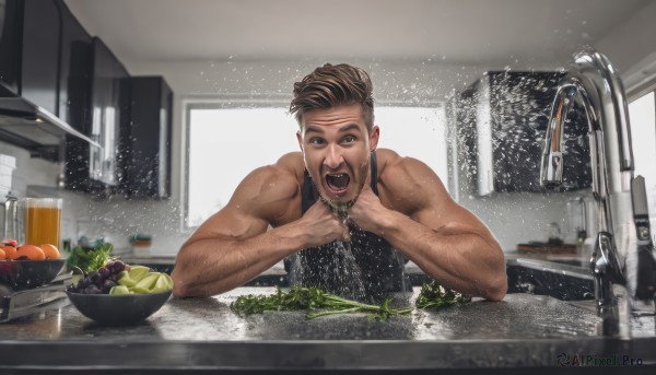 solo,looking at viewer,short hair,open mouth,brown hair,1boy,bare shoulders,upper body,male focus,food,teeth,indoors,dark skin,water,cup,wet,window,muscular,fruit,facial hair,dark-skinned male,tank top,muscular male,beard,alcohol,drinking glass,realistic,undercut,chest hair,kitchen,tomato,vegetable,arm hair,sink,faucet,lettuce,smile,brown eyes,day,blurry,bare arms,table,bottle,meme,bowl,grapes,lemon,screaming,eggplant,potato,onion