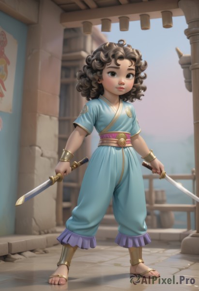 1girl,solo,looking at viewer,brown hair,black hair,holding,brown eyes,jewelry,closed mouth,standing,full body,weapon,short sleeves,outdoors,day,pants,sword,dark skin,medium hair,water,holding weapon,blurry,flat chest,bracelet,dark-skinned female,lips,sash,toes,blurry background,holding sword,sandals,knife,child,dual wielding,curly hair,female child,dagger,reverse grip,baggy pants,long hair,smile,short hair,earrings,parted lips