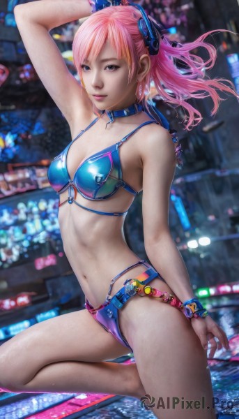 1girl,solo,long hair,breasts,looking at viewer,smile,bangs,blue eyes,hair ornament,navel,cleavage,jewelry,medium breasts,standing,swimsuit,ponytail,pink hair,bikini,small breasts,choker,blurry,arm up,collar,bracelet,lips,blurry background,blue bikini,arm behind head,realistic,headgear,watermark,leg up,standing on one leg,web address,cyberpunk