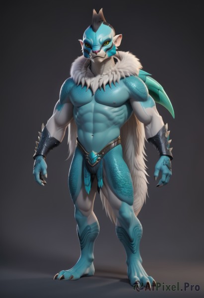 solo,looking at viewer,1boy,navel,jewelry,closed mouth,nipples,standing,full body,yellow eyes,male focus,thighs,pointy ears,artist name,stomach,cape,armor,mask,muscular,colored skin,abs,pectorals,muscular male,gauntlets,bara,claws,furry,spikes,large pectorals,bulge,topless male,blue skin,scales,bracer,furry male,bare pectorals,biceps,monster boy,alien,blue fur,animal ears,tail,fingernails,thick thighs,pelvic curtain,colored sclera,mature male,sharp fingernails,male underwear,chest hair,yellow sclera,navel hair,mohawk,furrification,sharp toenails