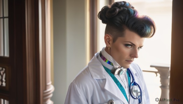 solo,looking at viewer,smile,black hair,1boy,jewelry,closed mouth,upper body,male focus,earrings,glasses,indoors,dark skin,hair bun,dark-skinned female,lips,formal,dark-skinned male,realistic,labcoat,eyewear removed,very dark skin,stethoscope,dreadlocks,doctor,1girl,shirt,blurry,backlighting,nose,pillar,pompadour